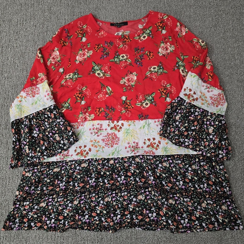 Caleesa Tunic Top Womens XL Floral Tiered Bell Sleeve Boho Flowy